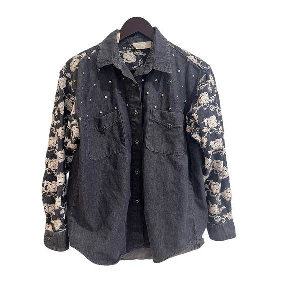 Cache Jackets & Blazers - Vintage Cache Floral Embroidered Denim Shirt Jacket S Boho Western Studded USA